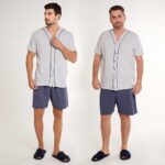 Pijama Manga Curta Masculino Aberto de Botões Algodão