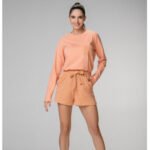 Pijama Manga Longa Feminino Short Com Bolso Algodão