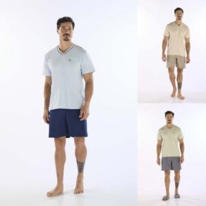 Pijama Manga Curta Masculino Gola V Algodão