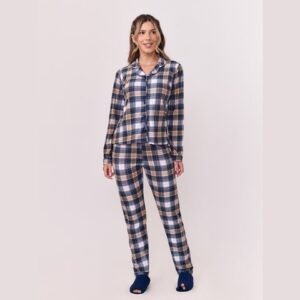 Pijama Manga Longa Feminino Aberto de Botões Suede