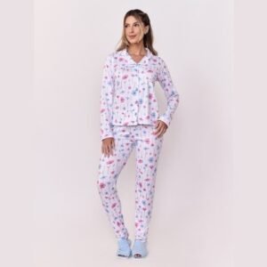 Pijama Manga Longa Feminino Aberto de Botões Suede