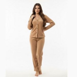 Pijama Manga Longa Feminino Aberto de Botões Fleece