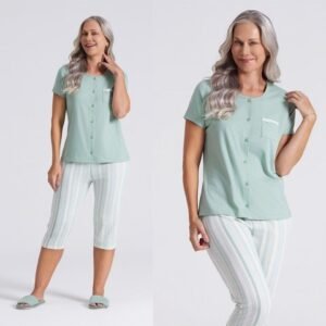 Pijama Capri Aberto de Botões Manga Curta Algodão